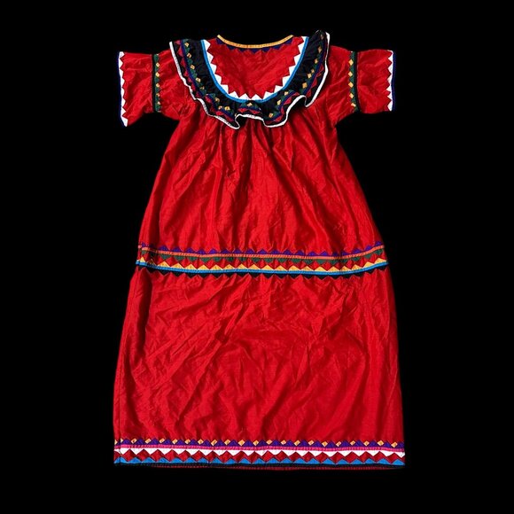 Vintage Seminole Native American Indian Patchwork Red Dress Womens Handmade 70s - Picture 3 of 5
